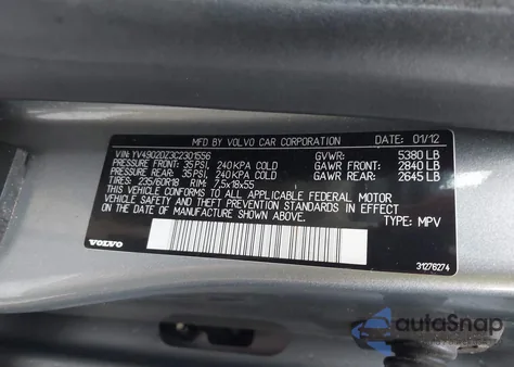 2012 Volvo Xc60 T6/T6 Platinum/T6 Premier Plus/T6 R-Design/T6 R-Design Platinum/T6 R-Design Premier Plus z USA, uszkodzony, nr VIN YV4902DZ3C2301556